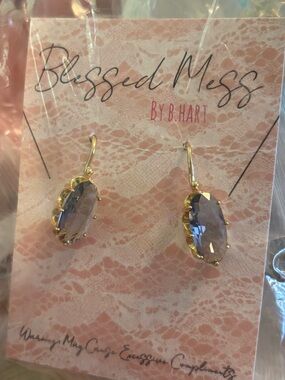 Blessed Mess by B. Hart Handmade Gold Drop Earrings with Lavender Stones